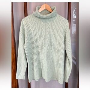 Talbots Women’s Large Sweater Green Turtleneck Cable Knit Cabin Cozy